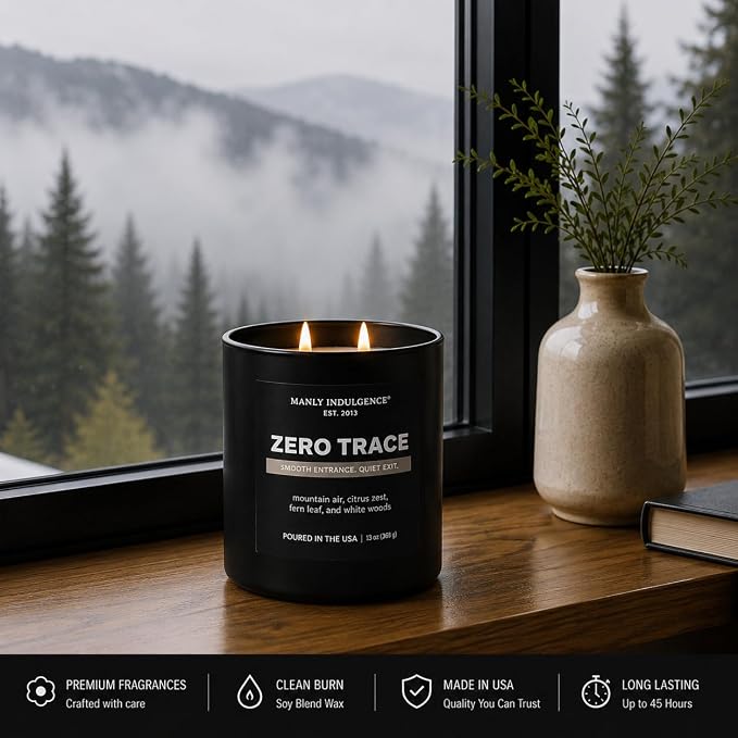 Manly Indulgence Zero Trace Scented Candle, 2 Wick, 13 oz, Premium Soy Blend Wax, Candles for Home Scented - Made in The USA
