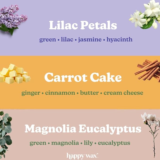 Happy Wax Spring Garden Mix Premium Scented Natural, Non Toxic Soy Wax Melts – 6 Total Oz. of Scented Wax Melts Includes: Carrot Cake, Lilac Petals and Magnolia Eucalyptus