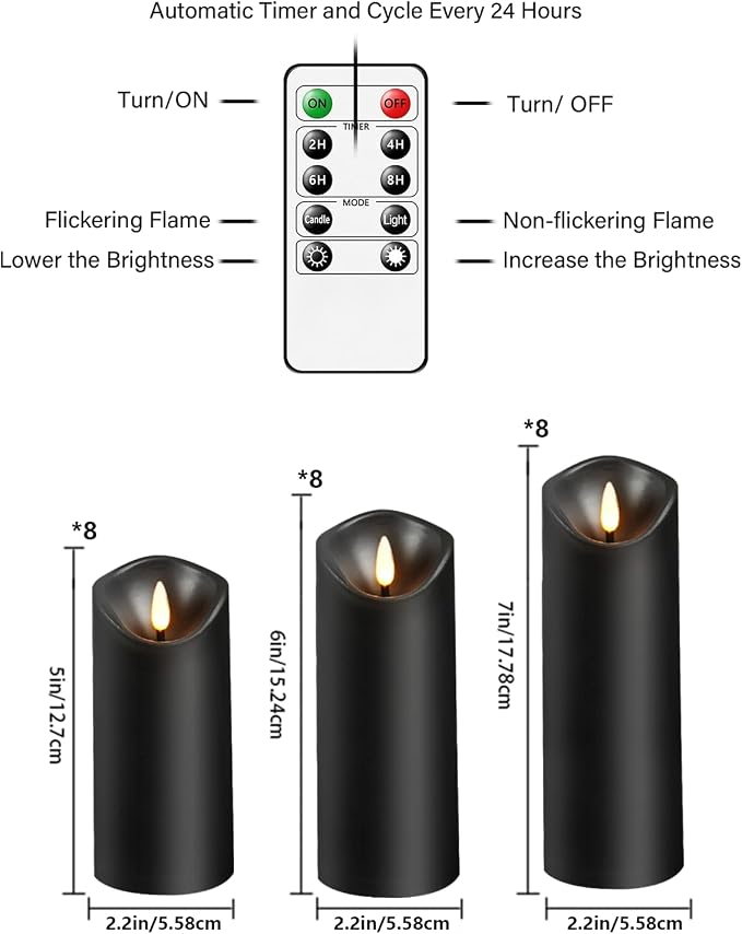 Nimiko Flameless Candles with Remote, Battery Operated Flickering Flameless Candles, LED Candles with Timer 2/4/6/8H, with Realistic LED Candles Set of 24 (D2.2 x H 5" 6" 7") (Black)