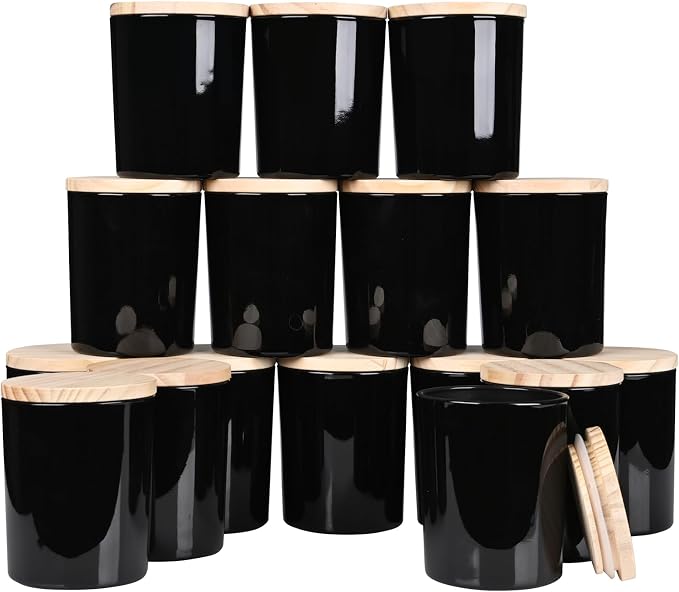 SHOWIN Thick Candle Jars for Making Candles 16 Pcs, 7 OZ Empty Jars with Wood Lids for Candle Making, Sample Container, Glossy Black