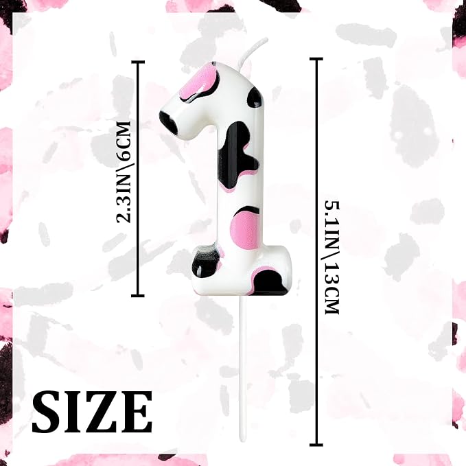 Number 1 Birthday Candle for Cake – Cow Print Design in White Black Pink – Farm Theme & Cowgirl Party Cake Topper Decoration