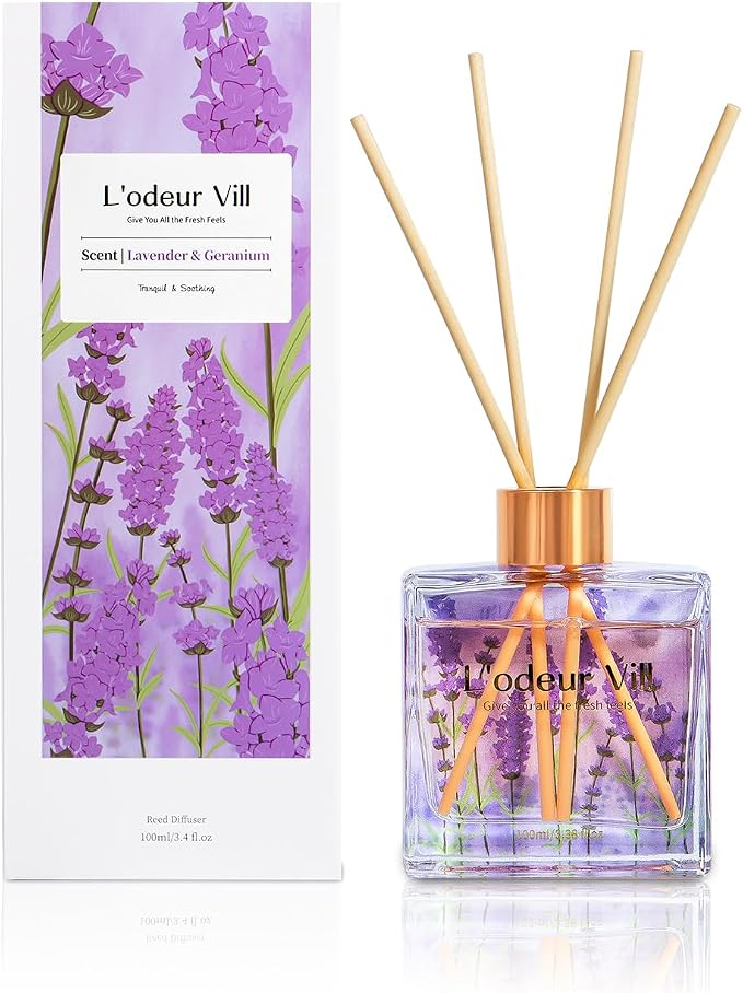 L'odeur Vill Reed Diffuser Set/Lavender Geranium/3.38 fl.oz（100ML）/1 Pack with 6 Reed Sticks/Home Fragrance Diffuser, Oil Scent Diffuser for Bathroom Shelf Decor.
