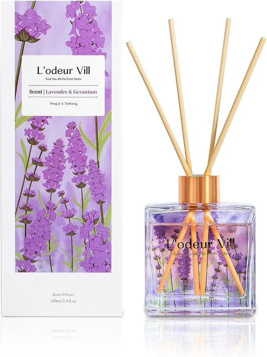 L'odeur Vill Reed Diffuser Set/Lavender Geranium/3.38 fl.oz（100ML）/1 Pack with 6 Reed Sticks/Home Fragrance Diffuser, Oil Scent Diffuser for Bathroom Shelf Decor.