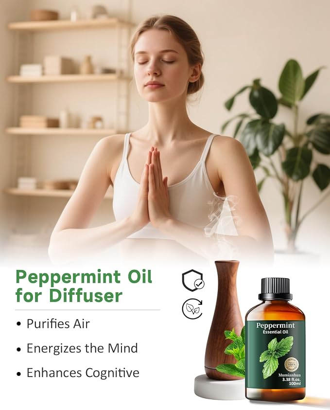 Peppermint Essential Oil, Pure Mumianhua Natural Oil for Energy Focus & Cooling Comfort, Aromatherapy for Diffuser, Outdoor Protective Barrier, Skin, Hair, Natural Cleaning – 3.38 Fl Oz