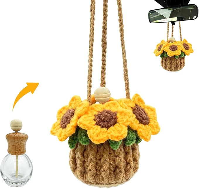 Crochet Car Air Freshener, 15ml Empty Refillable Oil Diffuser Bottle with Hanging Crochet Sunflower for Car Rearview Mirror Decor Air Freshener Diffuser for Home, and Office Decor(Sunflower)