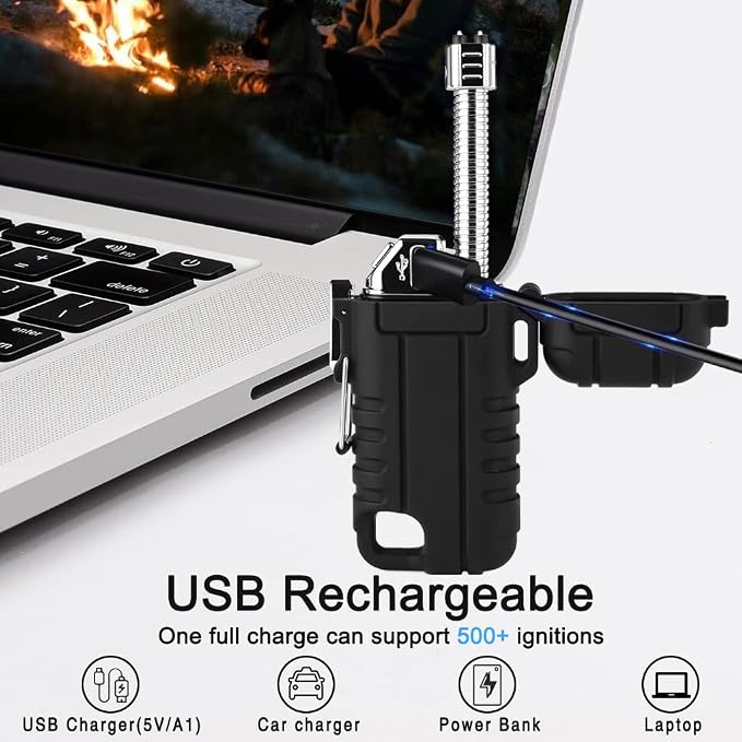SUPRUS Waterproof Lighter Windproof Lighter Arc Plasma Lighters USB-C Rechargeable with Expandable and Flexible Neck for Outdoor, Camping & Kitchen (Black, 2Packs)