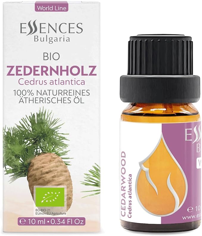Essences Bulgaria Organic Cedarwood Essential Oil 0.34 Fl Oz 10ml Cedrus atlantica - 100% Pure Natural Undiluted Therapeutic Grade for Aromatherapy with Diffuser Humidifier DIY Men Cologne