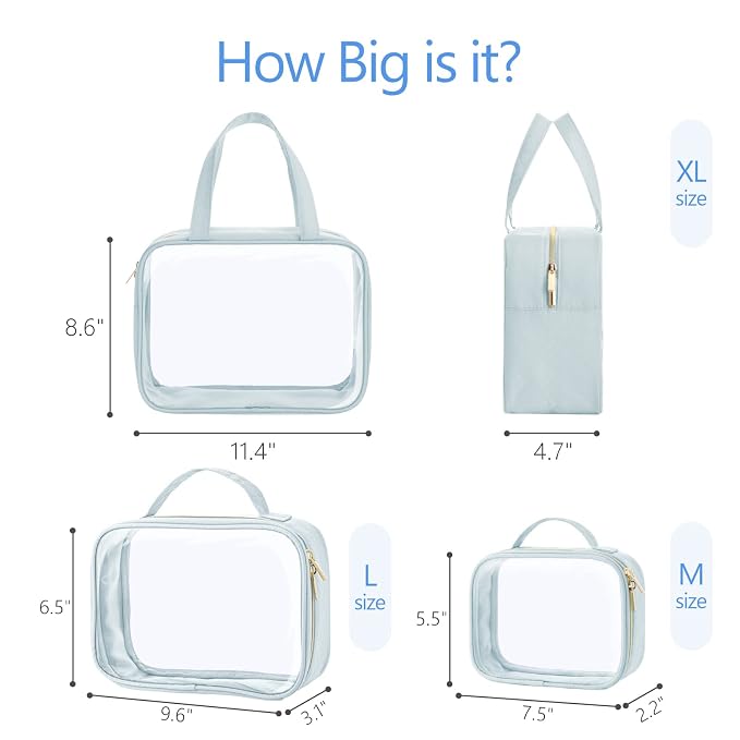 PACKISM Clear Makeup Bag Combo Pack, 1 TSA Approved Medium & Large/XL for Checked Luggage, Clear Toiletry Bag with Handle, Water-resistant Travel Essentials Organizer, Grayish Blue