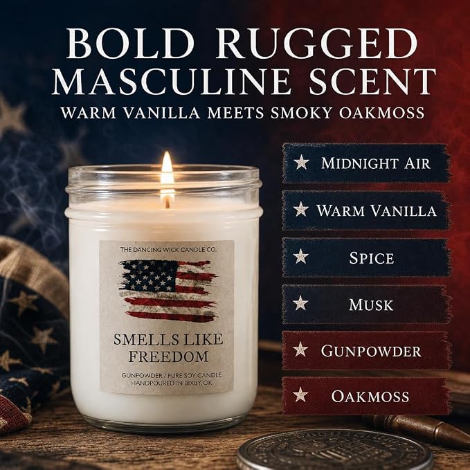 The Dancing Wick Smells Like Freedom Candle, 8oz, Handcrafted Soy Wax, Gunpowder, Vanilla, Musk Scent, Made The in USA - 4th of July Patriotic Gift Décor (Smells Like Freedom)