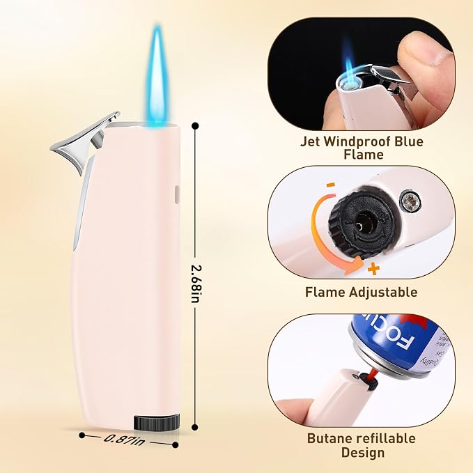 Women's Mini Butane Torch Lighter, Windproof Jet Flame Refillable Adjustable Candle Lighter for BBQ, Camping, Daily Use, Ideal Gift, 2 Pack (Light Pink, Butane Not Included)