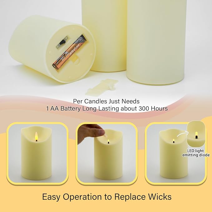 Nimiko Flameless Candles with Remote, Battery Operated Flickering Flameless Candles, LED Candles with Timer 2/4/6/8H, with Realistic LED Candles Set of 9 (D3 x H 3" 4" 5" 6" 7") (Ivory)