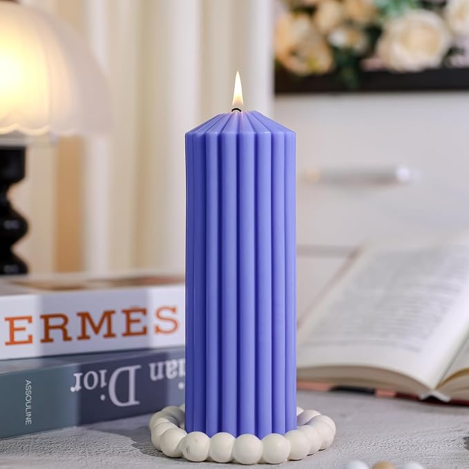 Ribbed Pillar Candles Set of 3, Width 3" High 4" 6" 8" Large Soy Wax Lavender Scented Modern Candles for Home Decor, Dinner Table, Living Room, Housewarming Gift