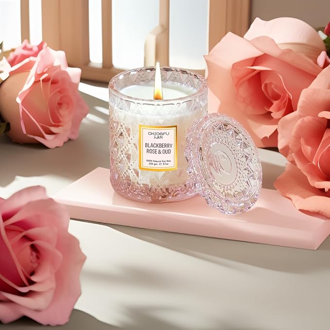 Rose Scented Candle, Oud Candle, Mothers Day Candles Gifts for Women, Pink Candles for Home Scented, 55 Hours Long Burning, 100% Natural Soy Wax