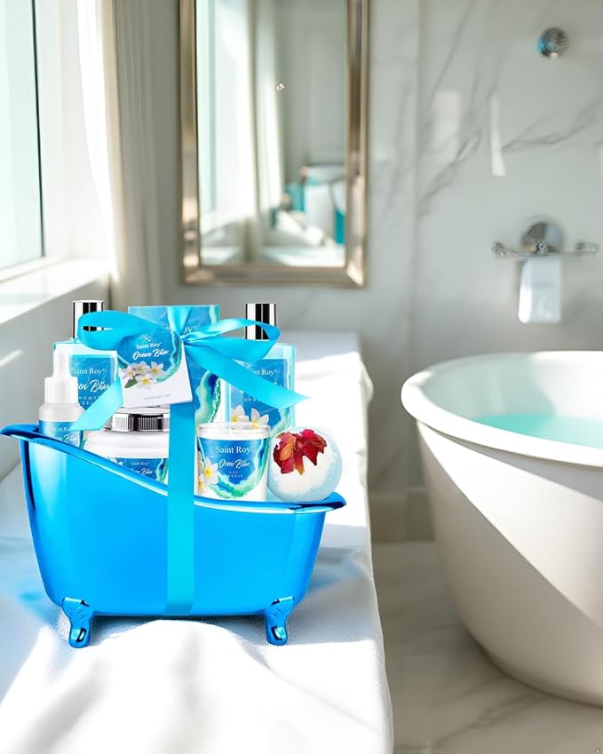 Father's Day Gifts for Women & Men Bath & Body Gift Set, Bath Basket Spa kit Gifts for Her Him Birthday Gift, Self-care Home Spa Kit, 8pcs Christmas Gift for Women Ocean Vanilla, Spa Gift Baskets