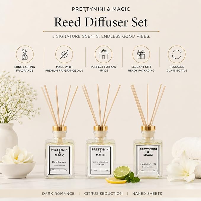 PRETTYMINI & MAGIC Reed Diffuser Set – Bohemian Rose + Beach Linen & Orange Blossom Home Fragrance, Long-Lasting Reed Diffusers for Home Fragrance with Sticks for Bedroom, Bathroom & Shelf Décor 3pk