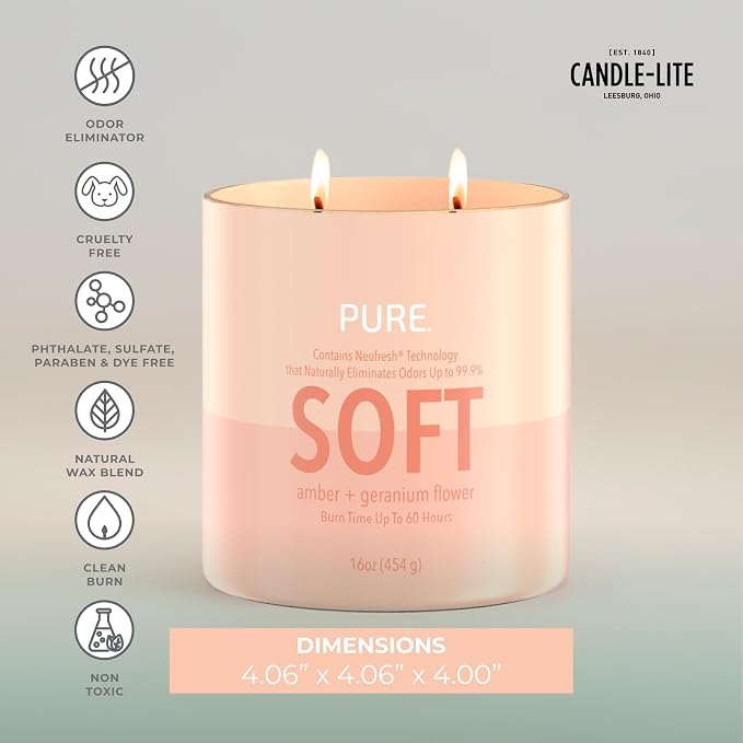 Candle-Lite Pure Amber & Geranium Flower Odor Eliminating Scented Candles, Neofresh Technology Eliminates 99.9% of Odors, 16 oz 2-Wick Jar, Proudly Poured in The USA, Up to 60 Hours Burn Time