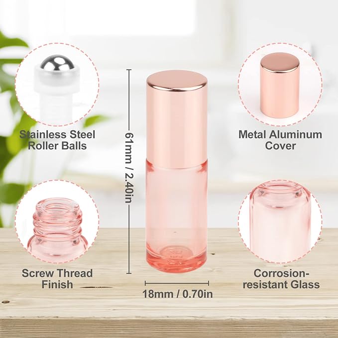 1/6 oz Pink Essential Oil Roller Bottle,20 Pcs Empty Glass Roll-On Vial with Stainless Steel Roller Ball,Rose Gold Lid,Portable Sample Container for Oils-Opener&Dropper Included