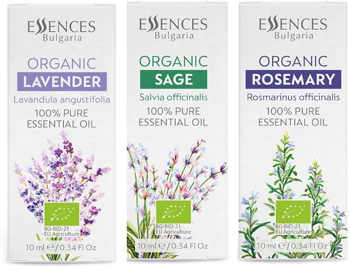 Set Bliss Organic Essential Oils | Rosemary + Sage + Lavender | 100% Pure and Natural | Undiluted | Therapeutic Grade | Family-Owned Farm | Non-GMO | (3 pcs x 10 ml)