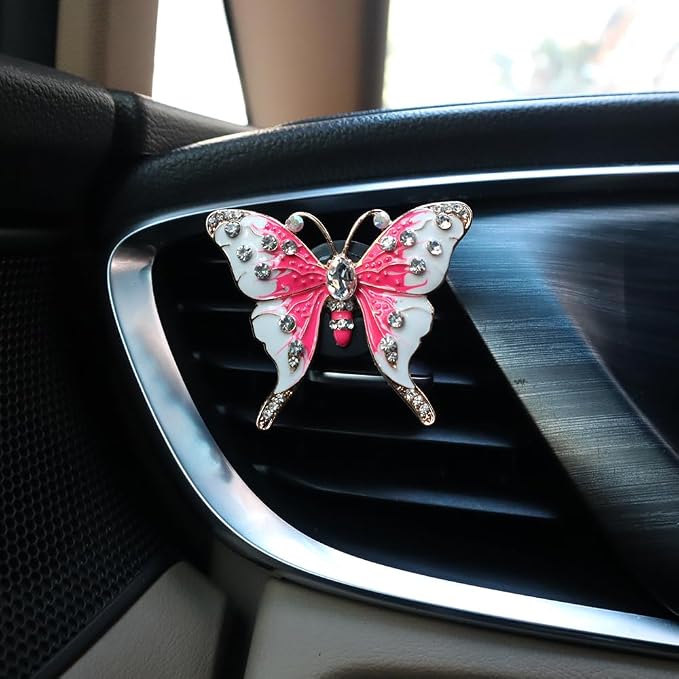 ORIESSE 2pcs Pink Butterfly Car Air Freshener Vent Clips Bling Car Accessories for Women Refillable Diffusers