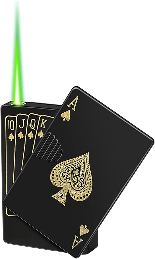 Jet Torch Lighter, Green Flame Ace Card Lighter, Metal Poker Design Windproof Refillable Butane Cool Lighter, Outdoor, Indoor, Camping, BBQ, Candle, Birthday, Gift for Men/Women (Without Gas)