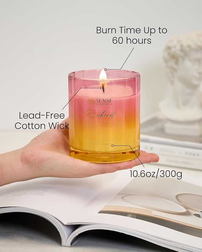 M&SENSE Grapefruit Soy Candles, 10.6oz Non-Toxic Natural Soy Wax | | Fresh Citrus Smelling, 60 Hours Long Lasting Slow Burn, Aromatherapy Candles Gifts for Housewarming