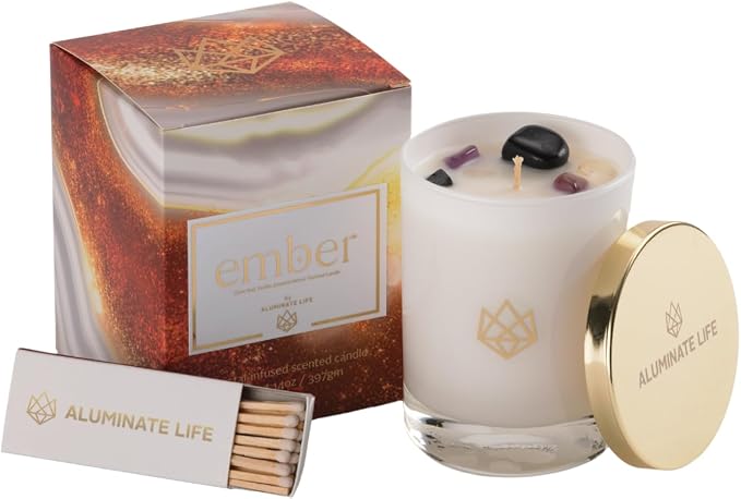 Luxury Glass Jar Seasonal Candle, 14 OZ, Ember - Amethyst & Clear Quartz Crystal Infused - Holiday Scents of Clove Bud, Vanilla, and Smoked Vetiver - Coconut Wax, Essential Oils