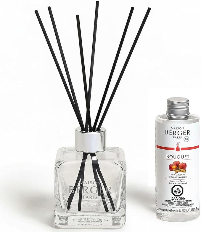 MAISON BERGER Reed Diffuser Bouquet, 100 ml, New Orleans | Clear Glass Bottle, 8 Reed Sticks, 100 ml Refill, Up to 6-Week Passive Diffusion, No Flame, Made in France