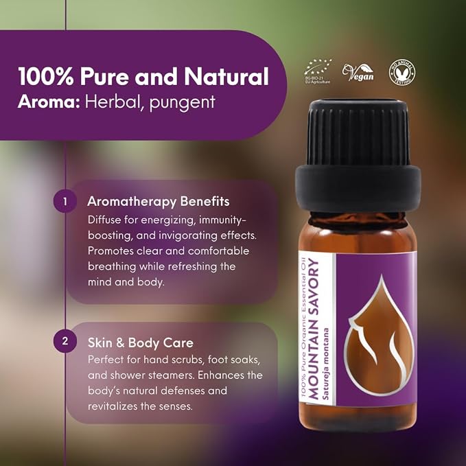 Essences Bulgaria Organic Mountain Savory Essential Oil 1/6 Fl Oz | 5ml | Satureja Montana | 100% Pure and Natural | Undiluted | Therapeutic Grade | Family Owned Farm | Steam-Distilled | Non-GMO