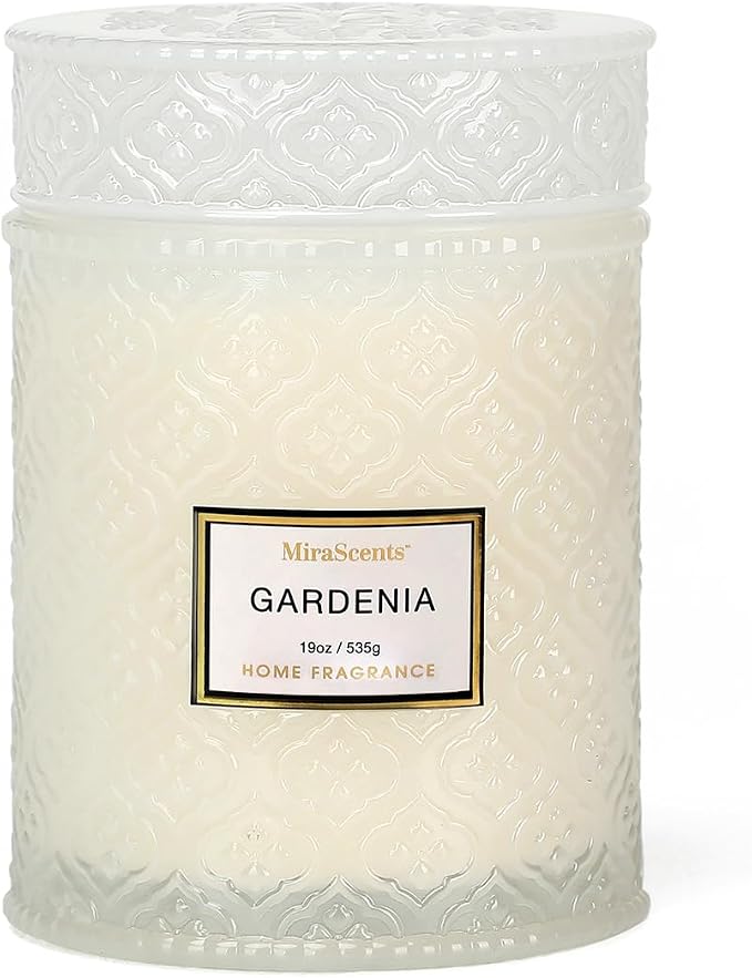 Gardenia Candle - White Floral Fragrance | 19 oz Large Soy Wax Candle in Embossed Glass Jar | Long Lasting Decorative Candle for Home Decor Gift for Women
