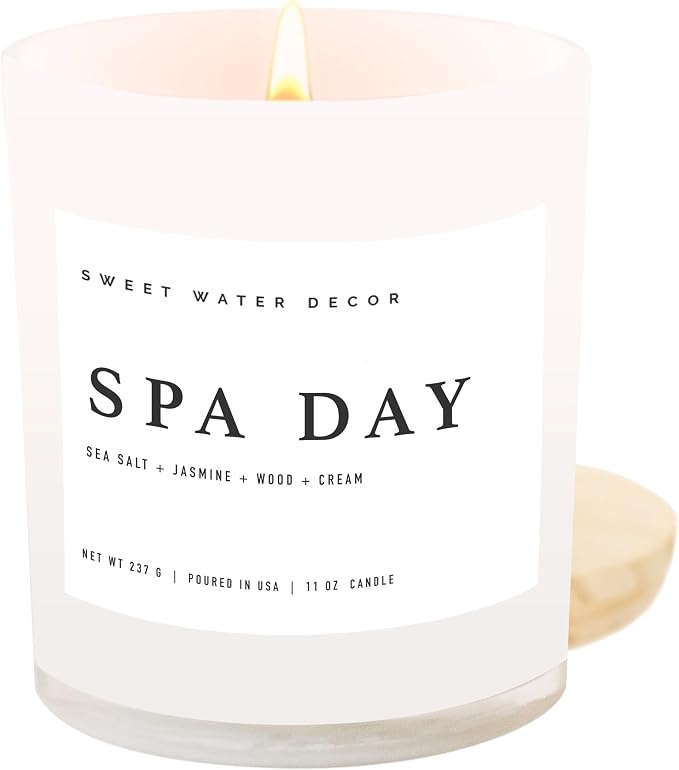 Sweet Water Decor Spa Day Candle - Spa Scented Soy Wax Candle for Home - Sea Salt, Jasmine, Wood, and Cream - 11oz Jar Candle with Wood Lid, 50+ Hour Burn Time, Made in the USA