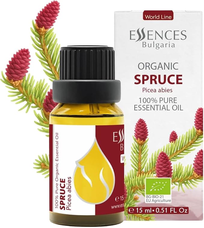 Essences Bulgaria Organic Spruce Essential Oil 0.51 Fl Oz | 15ml | Picea Abies | 100% Pure | Natural | Undiluted | Therapeutic Grade | Aromatherapy | Cosmetics | Cruelty Free | Non-GMO | Vegan