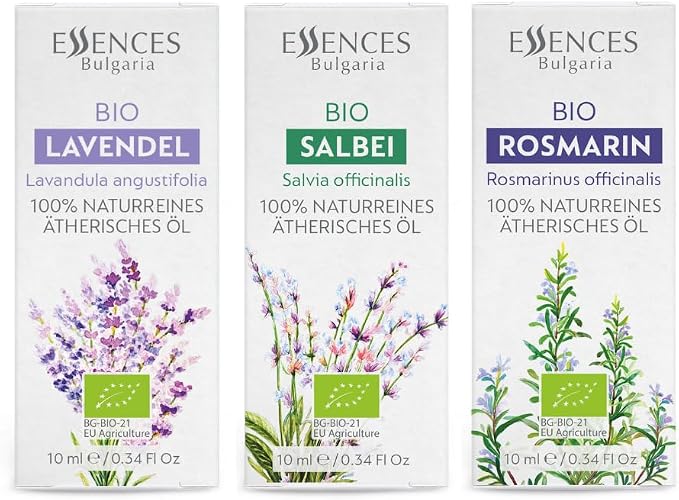 Set Bliss Organic Essential Oils | Rosemary + Sage + Lavender | 100% Pure and Natural | Undiluted | Therapeutic Grade | Family-Owned Farm | Non-GMO | (3 pcs x 10 ml)