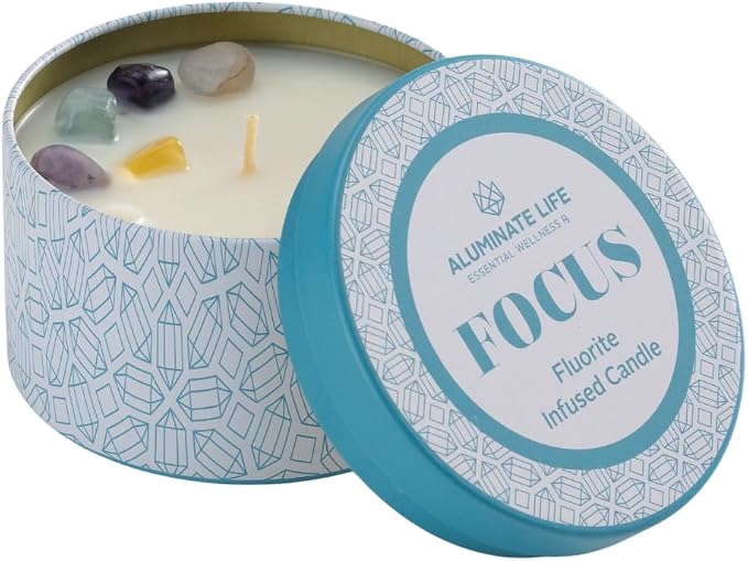 Luxury Candle Tin, 4 OZ, Focus - Fluorite Crystal Infused - Scents of Orange, Ginger, Ylang-ylang, & Lavender - Awareness, Mental Order, & Clarity - Coconut Wax Blend, Essential Oils