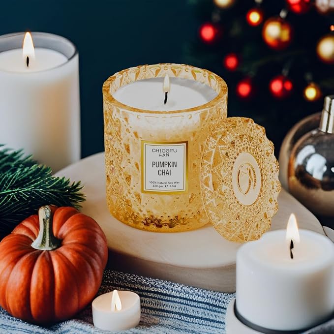 Pumpkin Chai Candles Halloween Candle Gift, Farmhouse Candles for Home, Luxury Scented Soy Jar Fall Candle with up to 55 Hour Long Lasting, Home Decor, Barn Fall Decor Pottery, 8.1oz