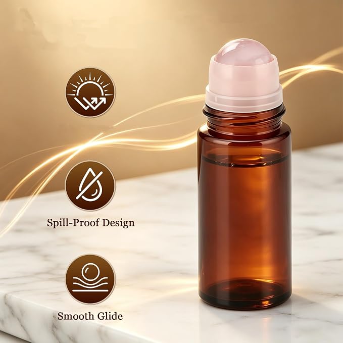 2 Pcs Rose Quartz Roller Bottles, 50ml Refillable Roll On Bottles with Natural Crystal Roller Balls, Quartz Roller Ball Glass Bottle for Oils, Leak-Proof Travel Kit