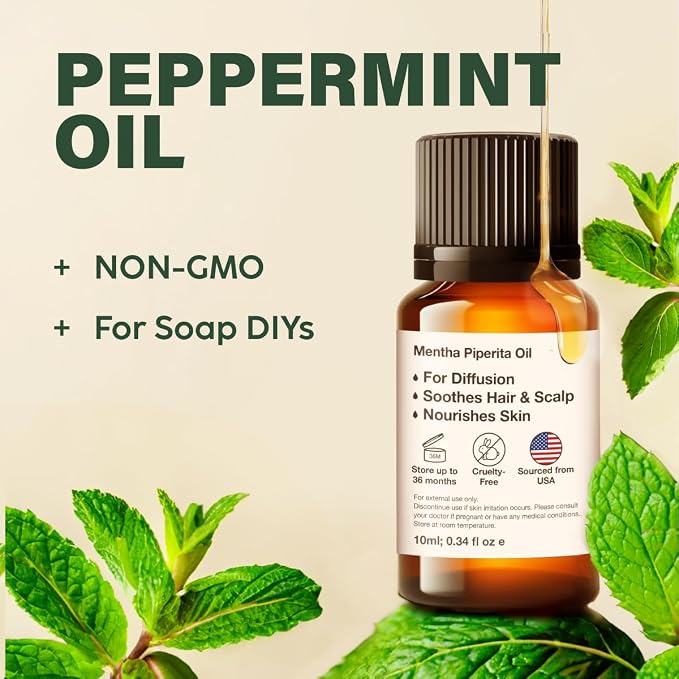 100% Pure Peppermint Oil - 0.34 Fl Oz Peppermint Essential Oil for Hair, Skin, Diffuser, Aromatherapy & DIY Soap Making Scent