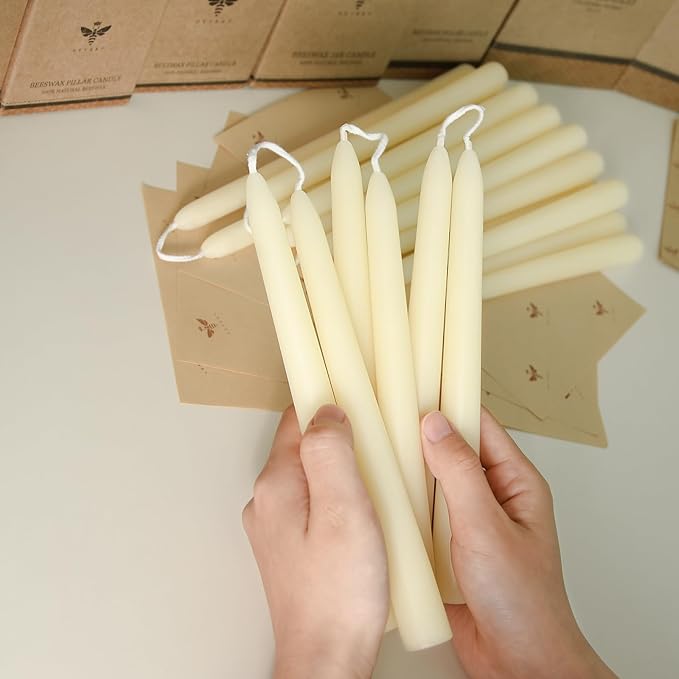 8 inch Natural White Beeswax Taper Candles Set of 2, DEYBBY Smokeless and Dripless Pure Organic Beeswax Candles for Anniversary Wedding Dinner Home Decor Emergency Housewarming Gift, 6-7Hrs Burn Time