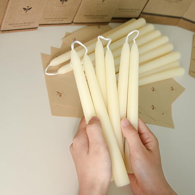 DEYBBY 8 inch Natural White Beeswax Taper Candles Set of 6, Smokeless and Dripless Pure Organic Beeswax Candles Bulk for Anniversary Wedding Dinner Home Decor Emergency Housewarming Gift, 6-7Hrs Burn