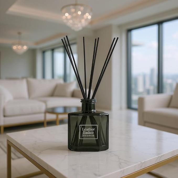 Bellevue Diffuser, 6 fl oz Glass Filled Diffuser, Highly Concentrated Fragrances with Essential Oils, Home Fragrance, Scent: Leather Ember