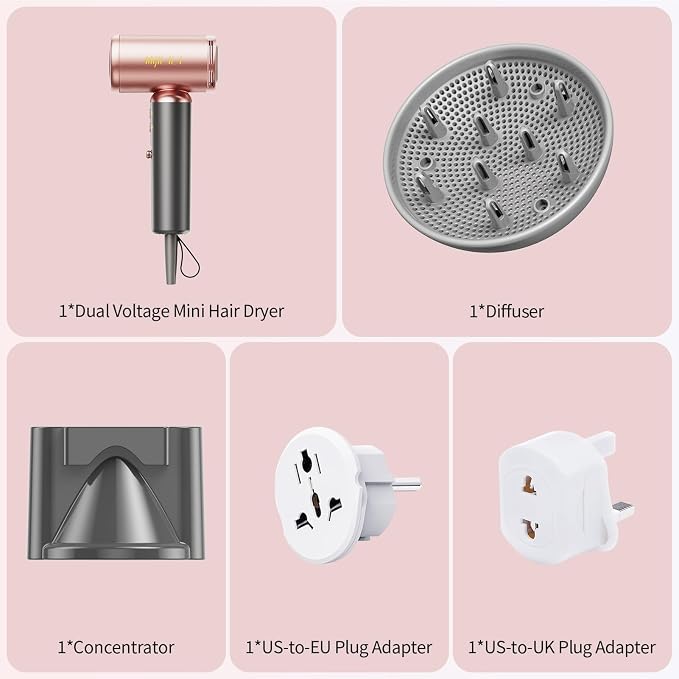 Dual Voltage(100~250V) Travel Mini Hair Dryer with European Plug Adapter for International Travel, 110,000 RPM High-Speed Portable Hair Dryer with Concentrator Nozzles