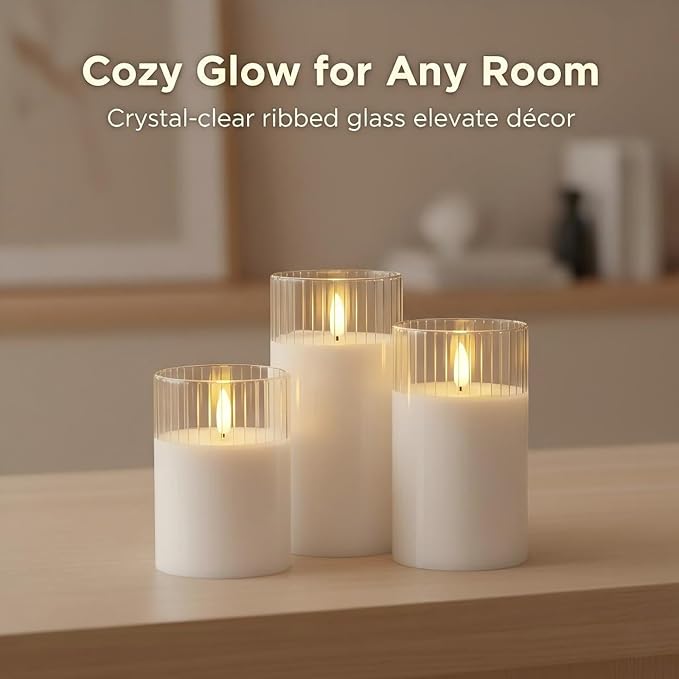 ANGELLOONG White Flameless Candles with Timer, Glass LED Pillar Candle with Remote, Set of 3 Battery Operated Candles for Bathtub Bathroom Coffee Table Decor