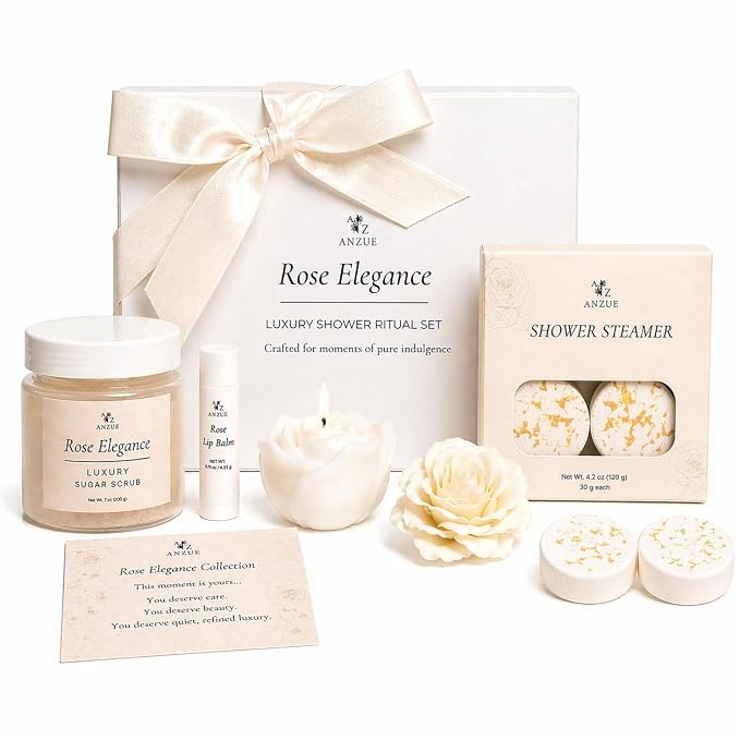 Luxury Rose Spa Gift Set for Women, Home Spa Kit with Candle, Bath Salt and Body Scrub, Self Care Kit is Elegant Gift for Mom, Wife or Girlfriend