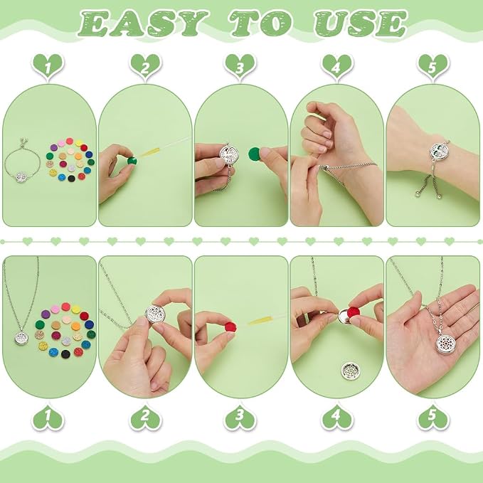 AHANDMAKER 66Pcs Essential Oil Diffuser Necklace Bracelet Set 3 Styles Stainless Steel Aromatherapy Locket Adjustable Diffuser Bracelet Refill Pads Jewelry for Jewelry Accessory Birthday Gift