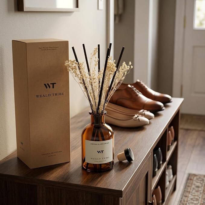 WEALD TRIBE Reed Diffuser Set for Bathroom Air Fresheners, Oil Diffuser Sticks | White Jasmine Scent 4.0 fl oz Home Fragrance with Sticks Defusers | House Bedroom Office Shelf Decor