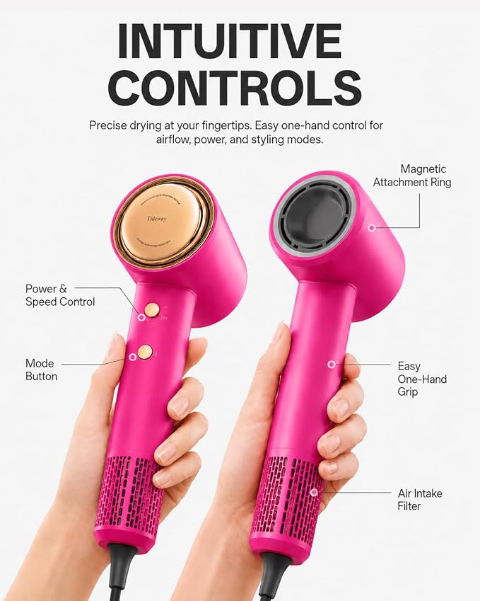 Tideway Hair Dryer Professional High-Speed Ionic Blow Dryer 110,000 RPM, Compact Hair Dryer with Magnetic Diffuser, Fast Drying with Brushless Motor Low Noise Smart Temperature Control-H11