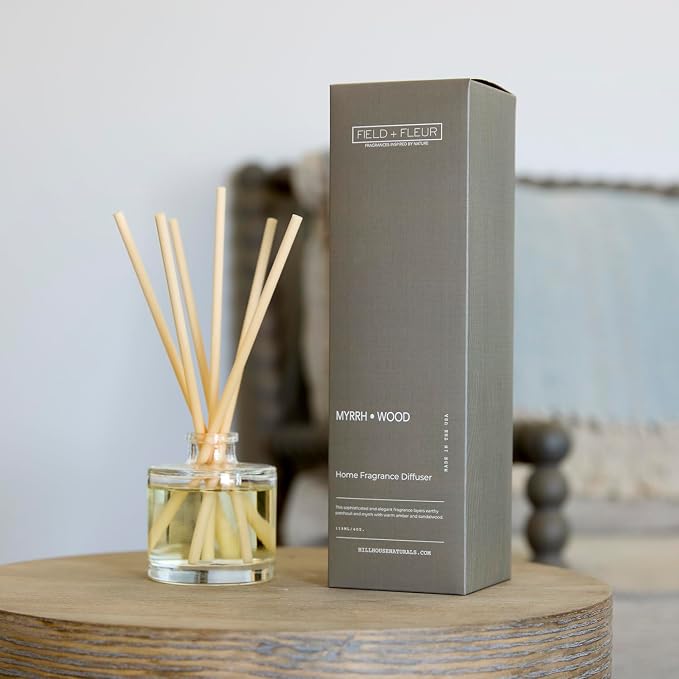 Field + Fleur - Reed Diffuser Set - Home Fragrance Diffuser - Refresh Home, Bedrooms, Bathrooms & More - Notes of Patchouli, Myrrh, Amber & Sandalwood - Made in the USA - Myrrh Wood Scent - 4 oz