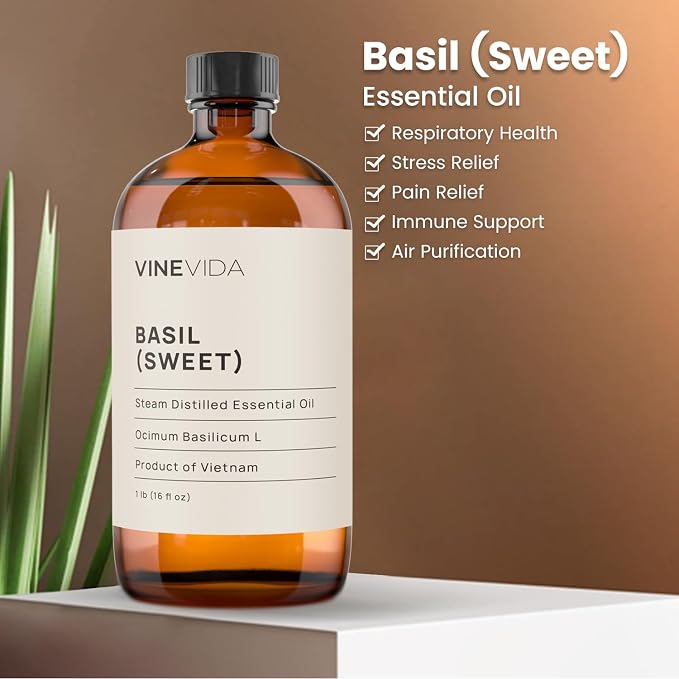 VINEVIDA Sweet Basil Essential Oil - 16 oz - Undiluted - DIY Candle Scents - Bulk for Soap Making & Skin Safe