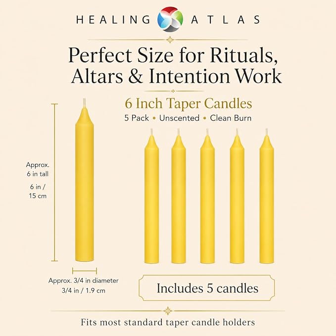 6 Inch Taper Candle 5 Pack Spell, Wicca, Santeria, Energized Candles Velas de 6 Pulgadas Paquete de 5 Velas (Yellow)