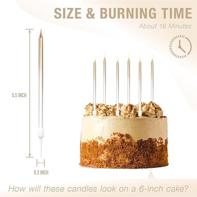 24-Count Gradient Gold Birthday Candles, 5.5-Inch Long Thin Cake Candles for Wedding, Celebration, Birthday Party Cake Decorations