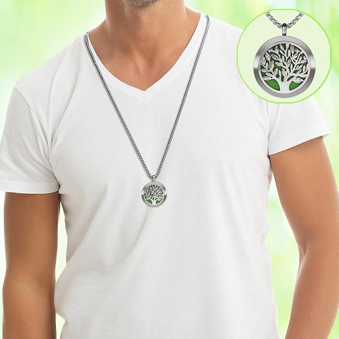Aromatherapy Diffuser Necklace-Tree of Life Essential Oil Necklace,Aromatherapy Diffuser Pendant for Men and Women,Portable,Suitable for Yoga,Meditation,Travel,Stress Relief Gift(Silver 30mm)